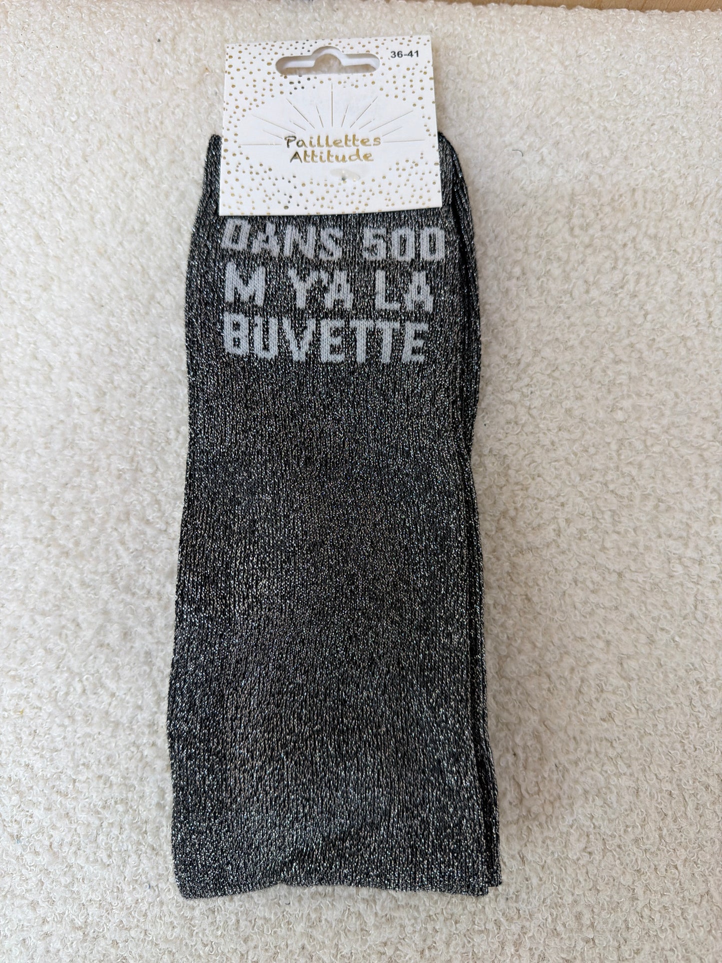 Chaussettes Paillettes "Dans 500m y 'a la buvette"