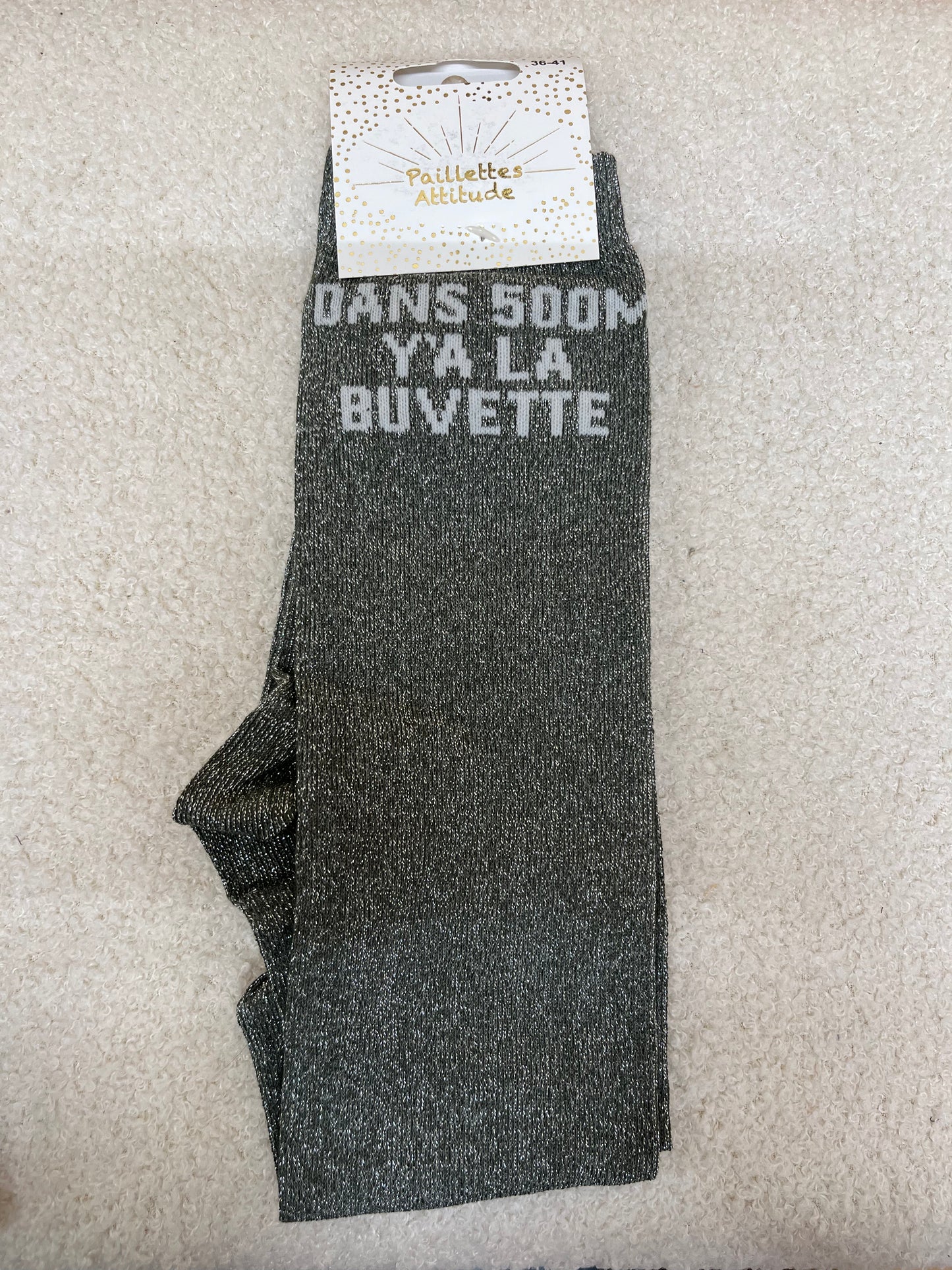 Chaussettes Paillettes "Dans 500m y 'a la buvette"