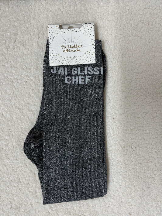 Chaussettes Paillettes "J'ai glissé chef"
