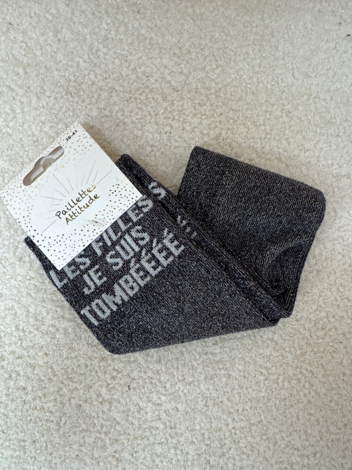Chaussettes Paillettes "Les filles je suis tombéééé"