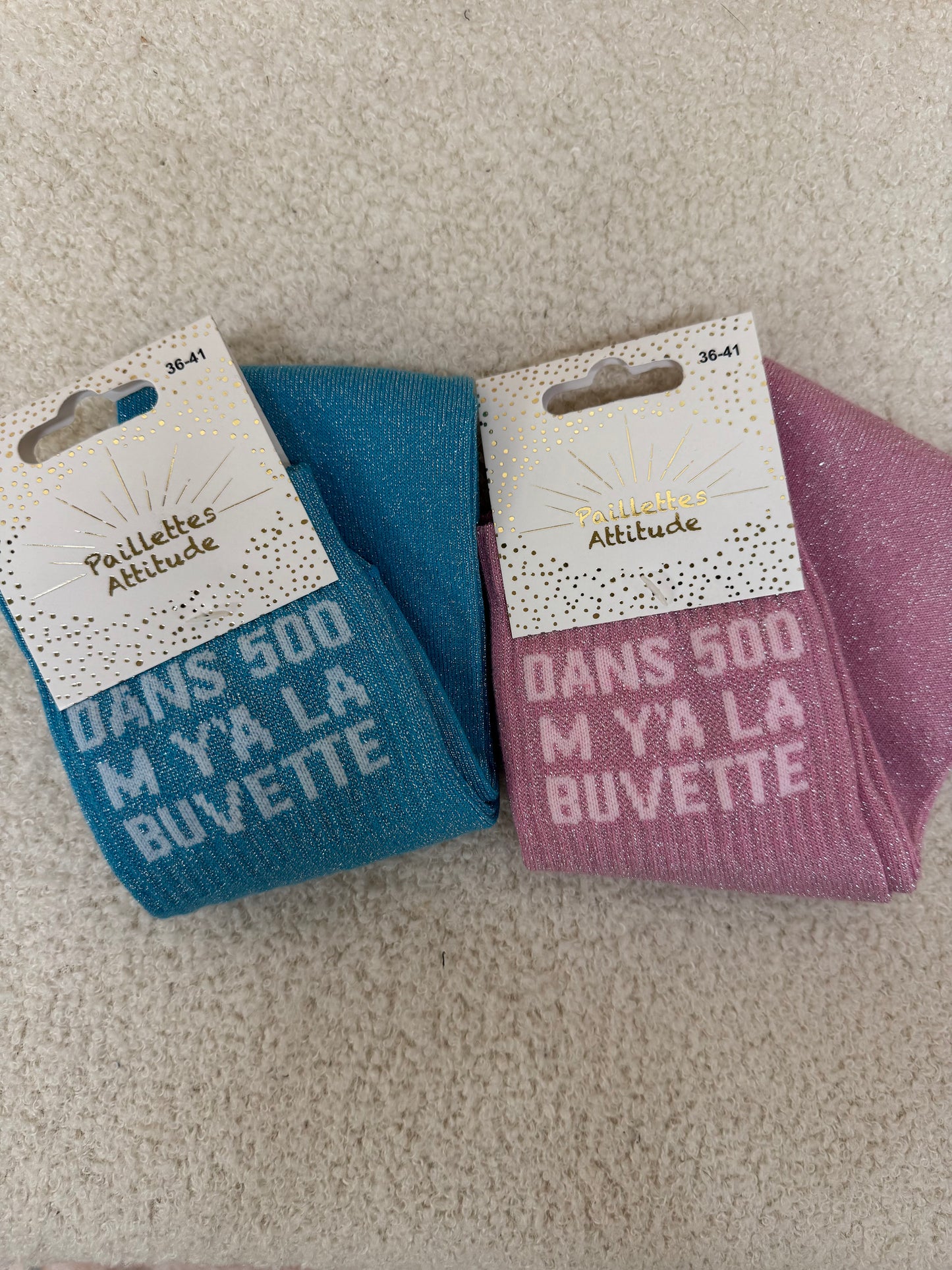 Chaussettes Paillettes "Dans 500m y'a la buvette"