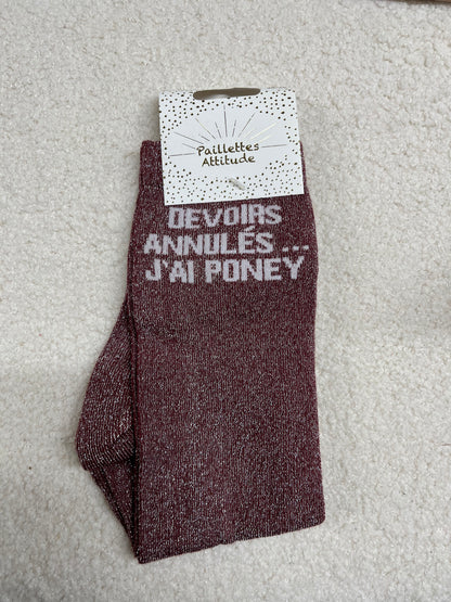 Chaussettes Paillettes "Devoirs annulés, j'ai poney"