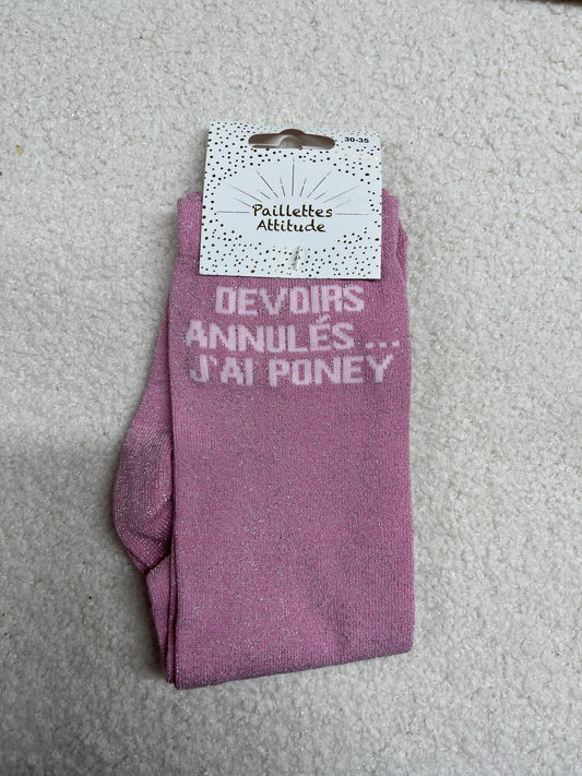 Chaussettes Paillettes "Devoirs annulés, j'ai poney"