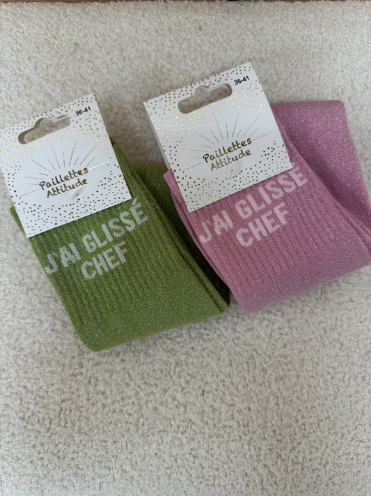 Chaussettes Paillettes "J'ai glissé chef"