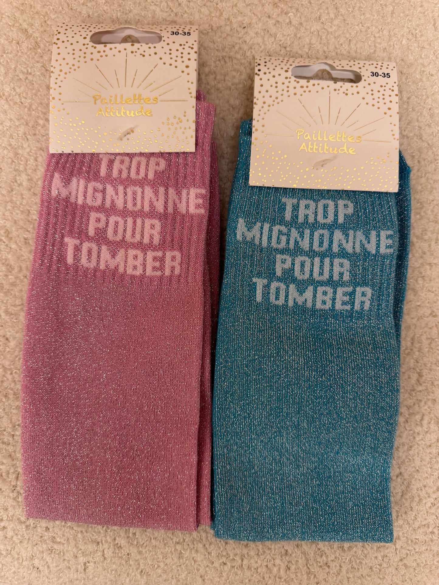 Chaussettes Paillettes " Trop Mignonne pour tomber" - Enfant 30/35