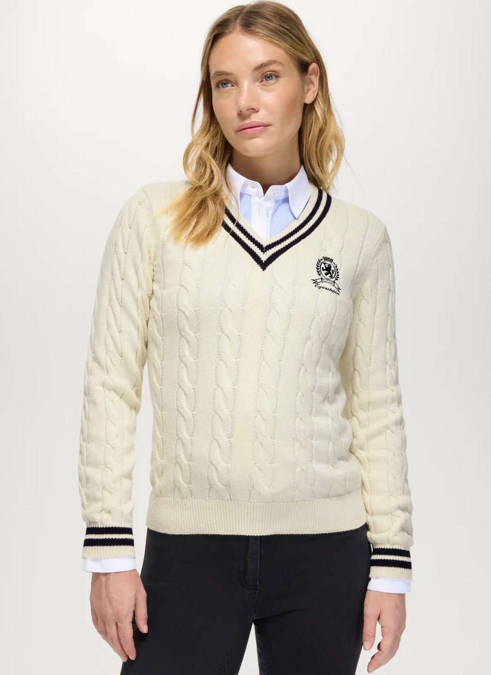 Roseville Women Cable V-neck Sweater ECRU