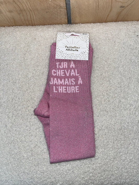 Chaussettes Paillettes "Tjr à cheval jamais à l'heure"
