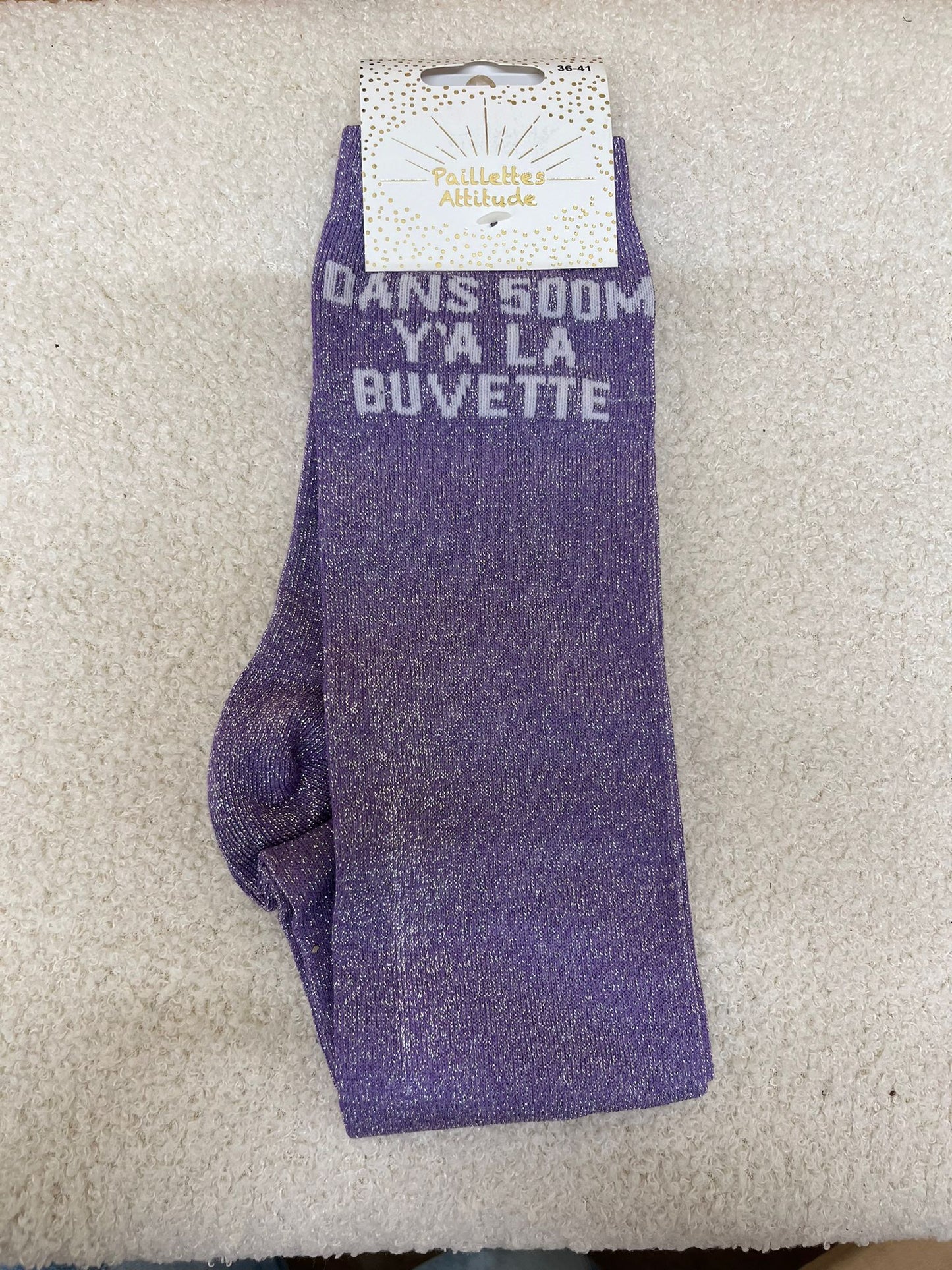 Chaussettes Paillettes "Dans 500m y 'a la buvette"
